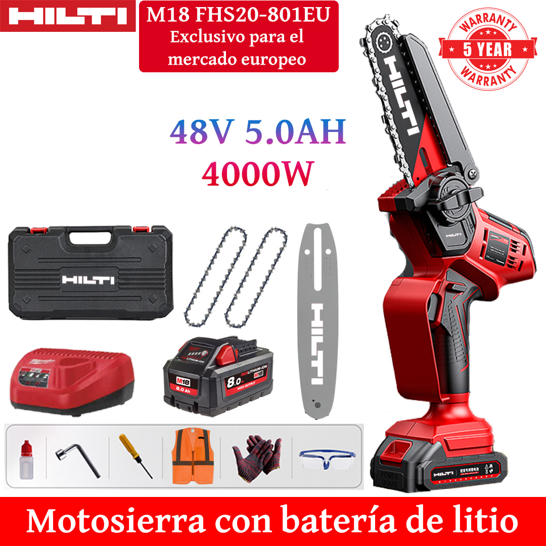 Motosserra elétrica de lítio de 8 polegadas com potência de 4000W, equipada com bateria 48V 5.0Ah*1, carregador, placa guia*1, corrente*2, caixa de ferramentas, óleo lubrificante e óculos