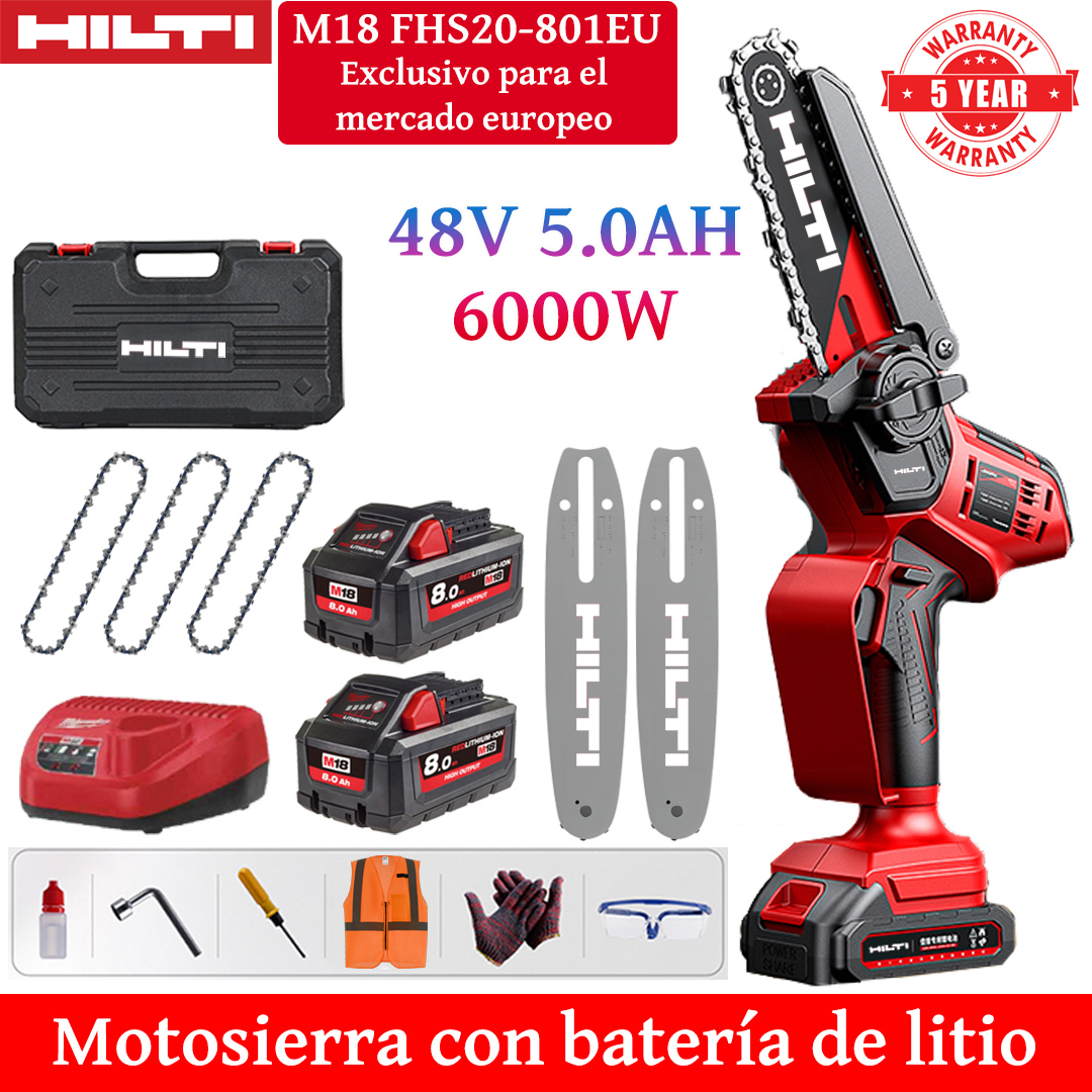 Motosserra elétrica de lítio de 8 polegadas com potência de 6000 W, equipada com bateria 48V 5,0Ah * 2, carregador, placa guia * 2, corrente * 3, caixa de ferramentas, óleo lubrificante e óculos